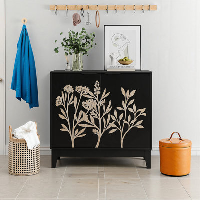 31.5 Inch Decorative Buffet Cabinet With 2 Doors, Adjustable Shelves, And Elegant Flower Carving For Versatile Storage