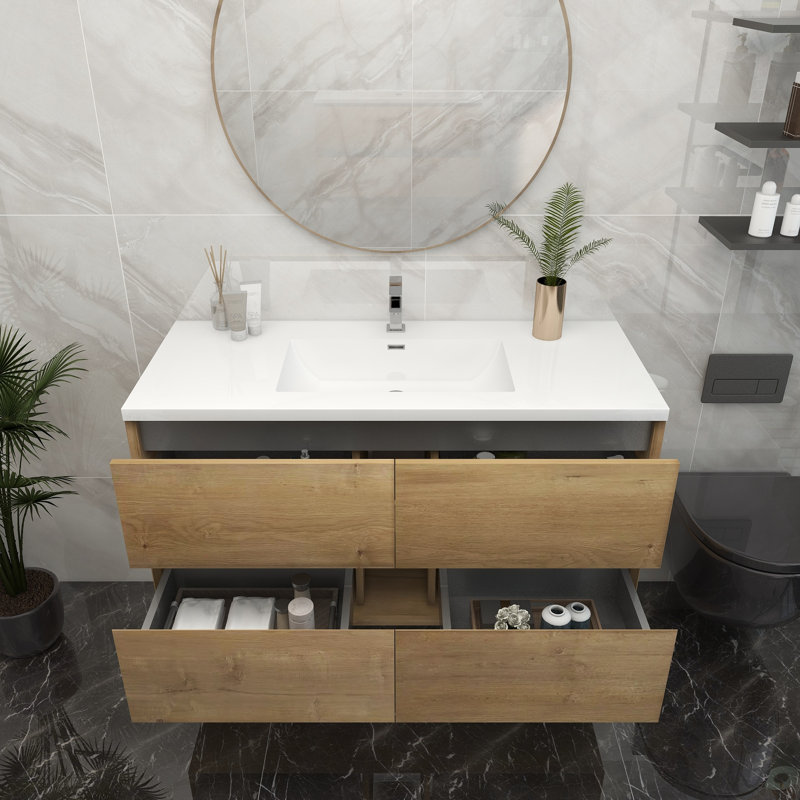 Meuble-lavabo mural simple 48 po, Teck chêne