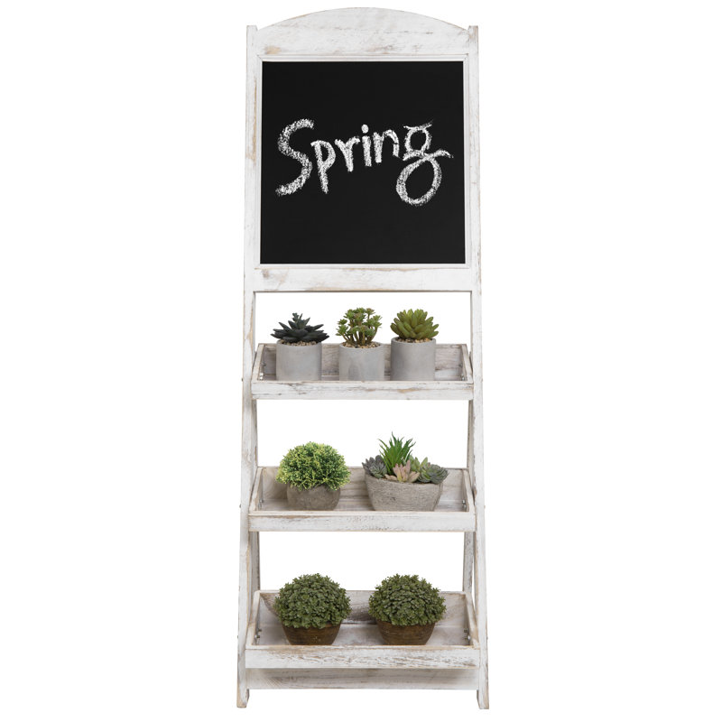 Free Standing Chalkboard with 3 Display Shelves, White Wash