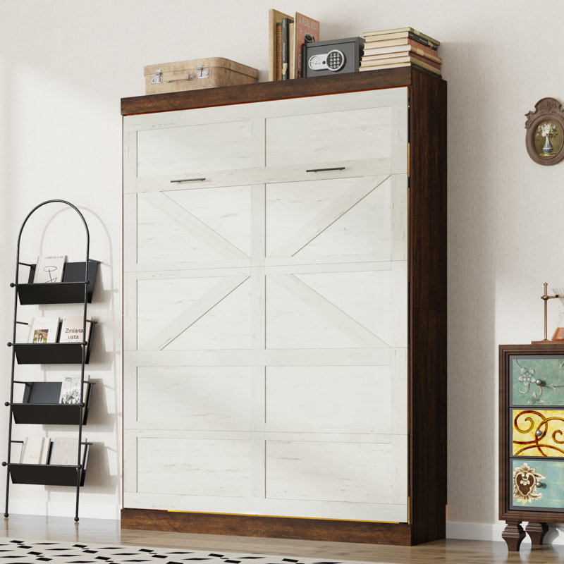 Murphy Wall Bed With LED Lights, No Box Spring Needed, For Home Office, Antique White and Rustic Brown, White, Queen
