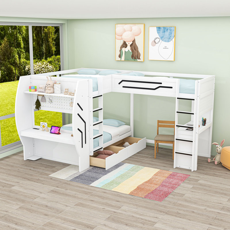 Full over Full and Twin 2 Drawers L-Shaped Bunk Beds with Built-in-Desk and LED Light, White
