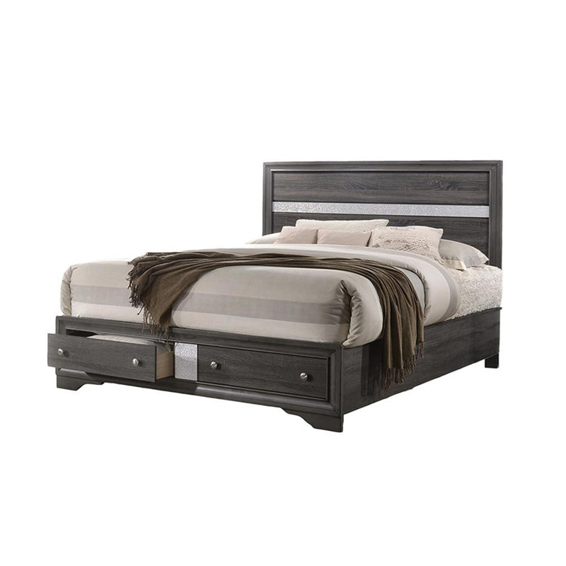 Lit plateforme avec rangement en bois massif Ashlock, Lit double, Noir