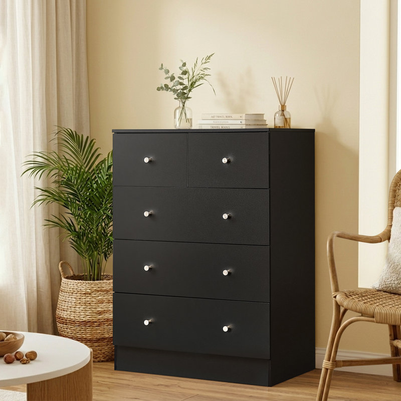  Commode à 5 tiroirs pour chambre à coucher et commode avec rangement robuste en bois pour garde-robe noir, Noir