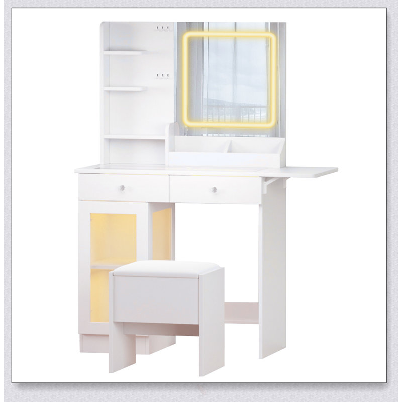 Bureau de coiffeuse compact avec miroir, lumières et chaise, plateau en verre, 2 ports USB, 2 tiroirs, 1 armoire, 3 modes d'éclairage