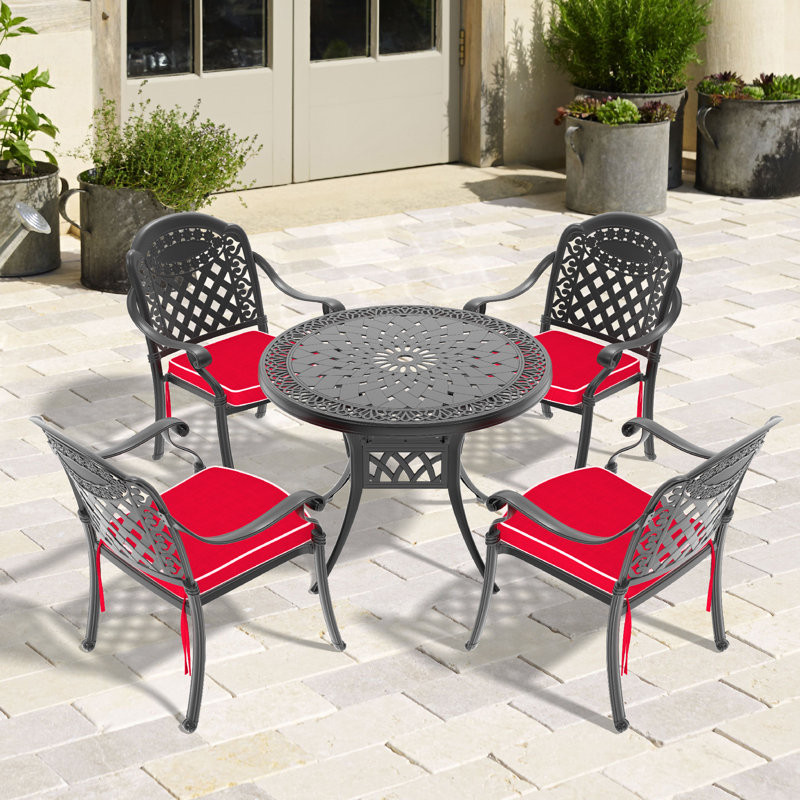 Ensemble repas de patio avec table ronde Ansharah, coussins rouges inclus, 2