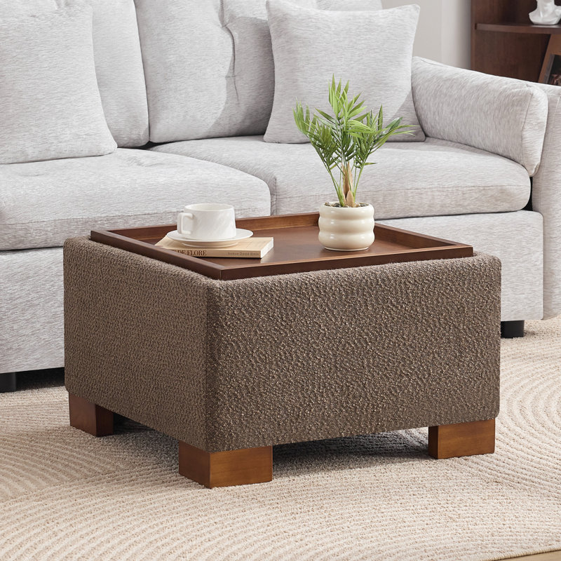 23.2" W Upholstered Square Storage Ottoman with Wooden Tray, Brown Boucle, 15.4" H x 23.2" W x 23.2" D