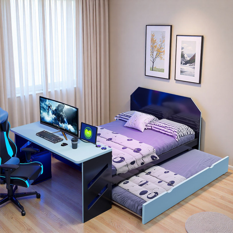 Lit de jour en bois avec couchette, bureau et port USB, Bleu