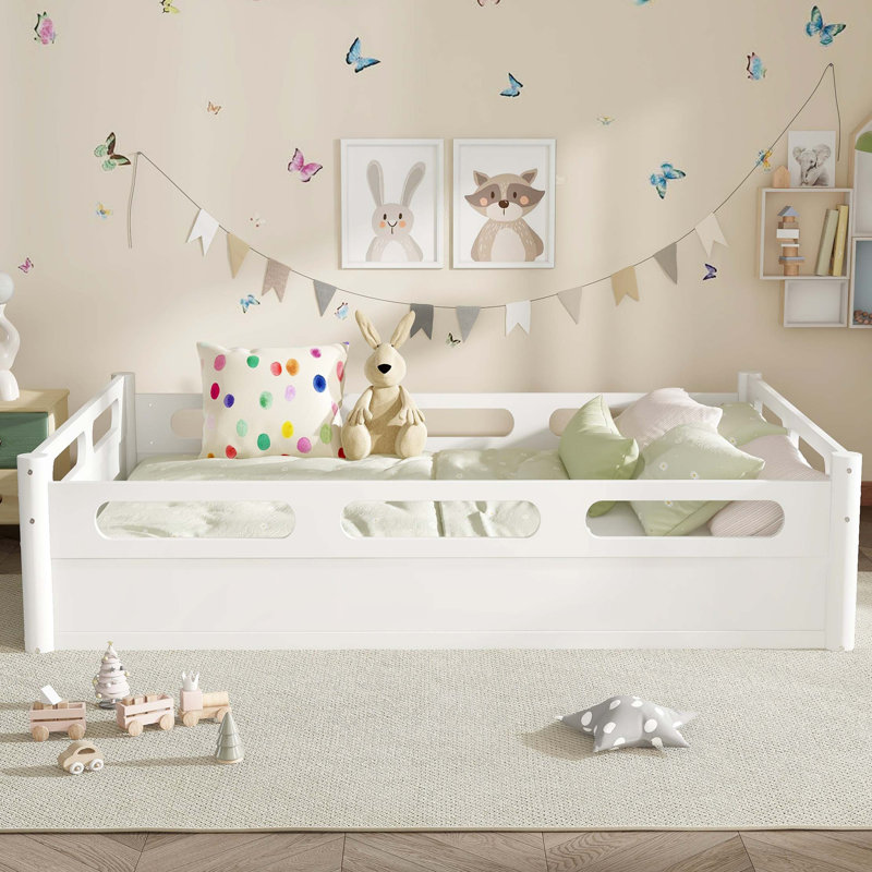Low Profile Floor Platform Bed with Built-In Guardrails, White
