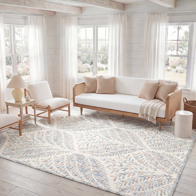 Tapis ivoire / bleu en laine touffeté à la main Ikat, Rectangle 8 pi x 10 pi