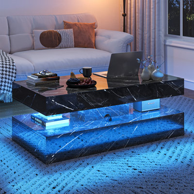 47" Lift Top Coffee Table with LED Lights & Charging Station, High Gloss Modern Center Table with 2 Storage Drawers, Double-Layer Design