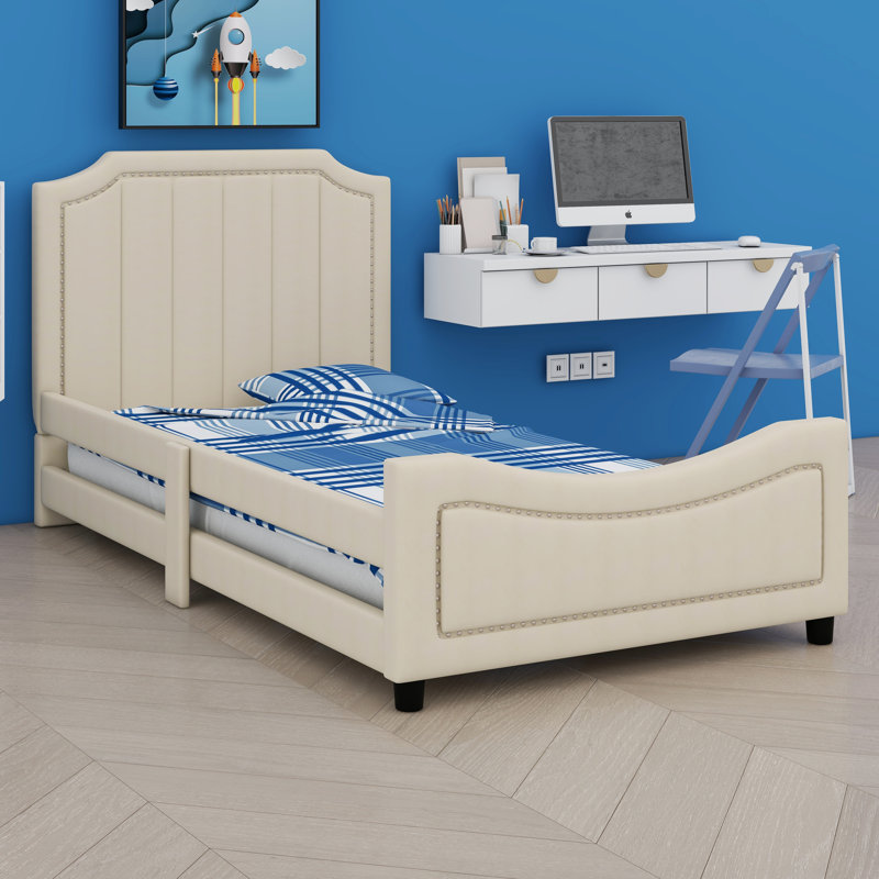 Upholstered Daybed With Classic Stripe Shaped Headboard, Beige