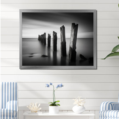 Reproduction d'art sur toile, jetée monochrome noir et blanc Horizon II - Plage et océan