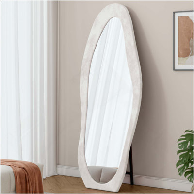 Full Length Mirror, Floor Mirror/ Wall Mirror, Flannel Wrapped Wooden Frame Floor Mirror,Irregular Wavy Mirror Standing/Halling Large Wall Mirror For Bedroom,Living Room, Dressing Room