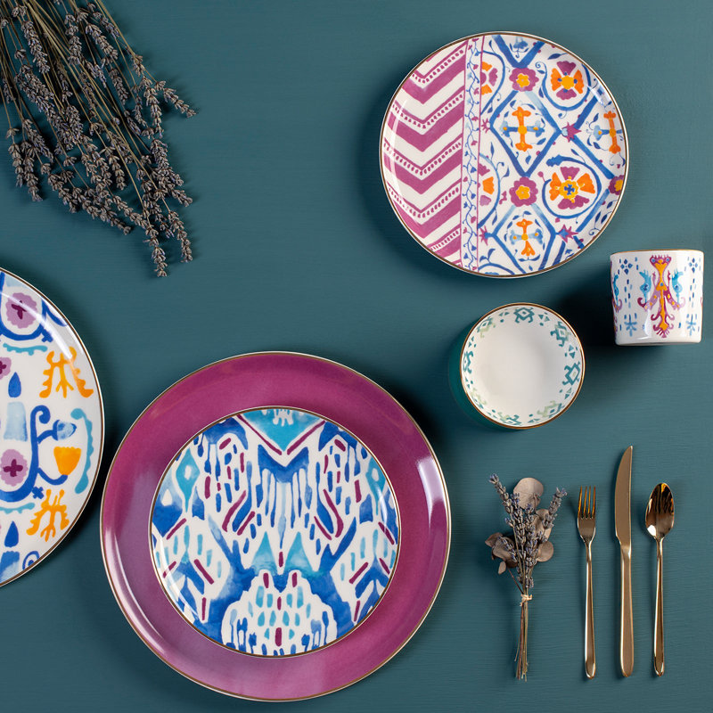 Ikat Set Of 6 Dinner Plates, Blue, 28 Cm, Pink
