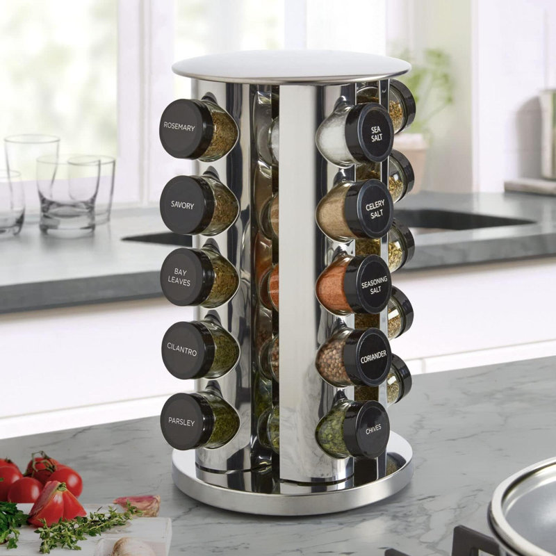 Support à épices rotatif pour comptoir de 20 pots avec épices incluses, recharges d'épices gratuites pour 5 ans, acier inoxydable poli avec capuchons noirs, 30020