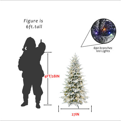 Arbre de Noël artificiel floqué 8 pi en PE + PVC, 2679 pointes et arbre de Noël pré-éclairé bicolore 9 modes 9 couleurs à DEL, diamètre maximal de 55 pouces avec support en métal robuste, arbre de Noël enneigé de qualité supérieure
