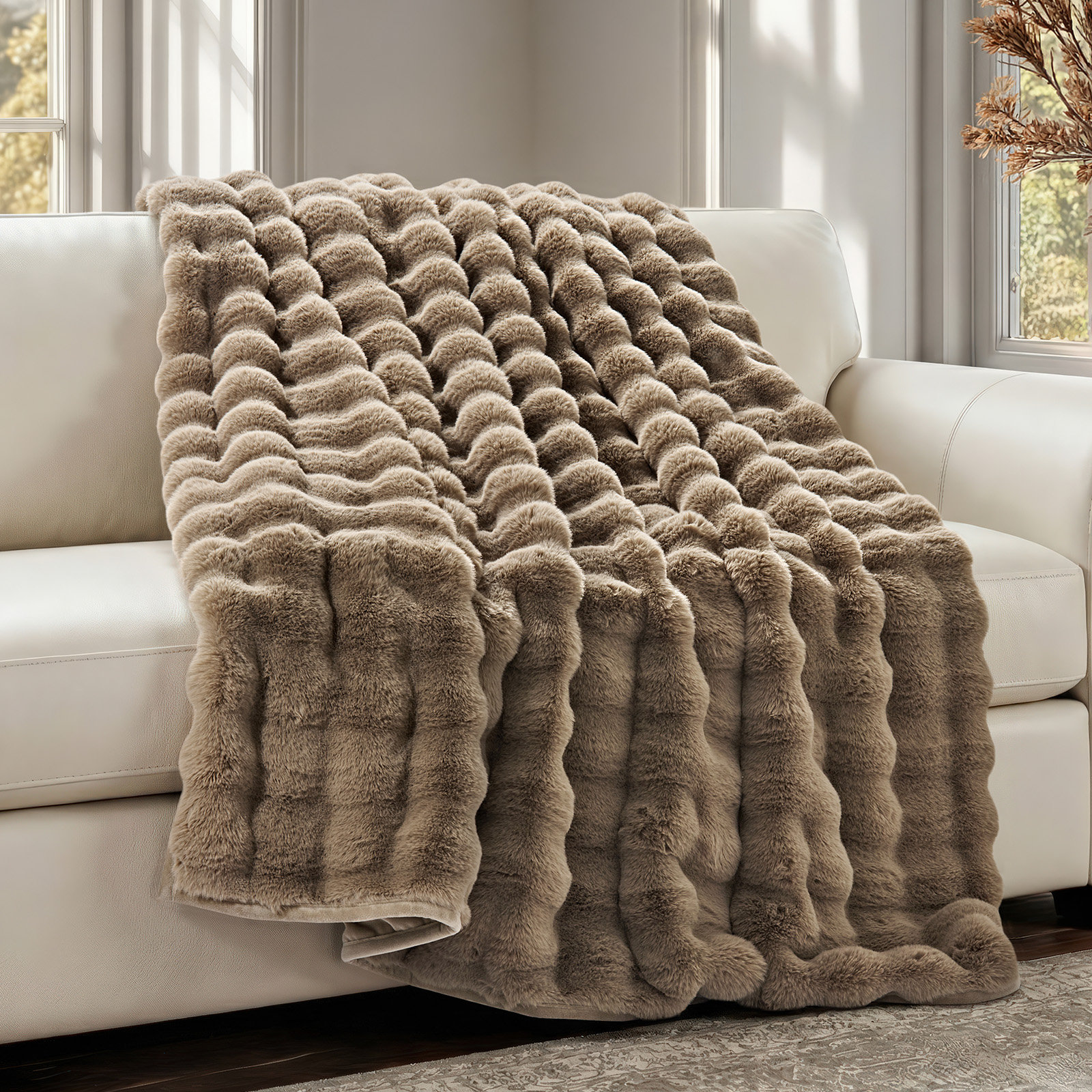 Faux Fur Weighted Throw Blanket, 60" L x 50" W, Greige
