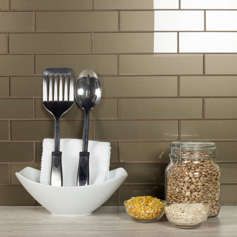Forever Glossy 2 in. x 8 in. Diamond Grade Glass Straight Edge Subway Decorative Kitchen & Bathroom Wall Tile, Eternal Bronze