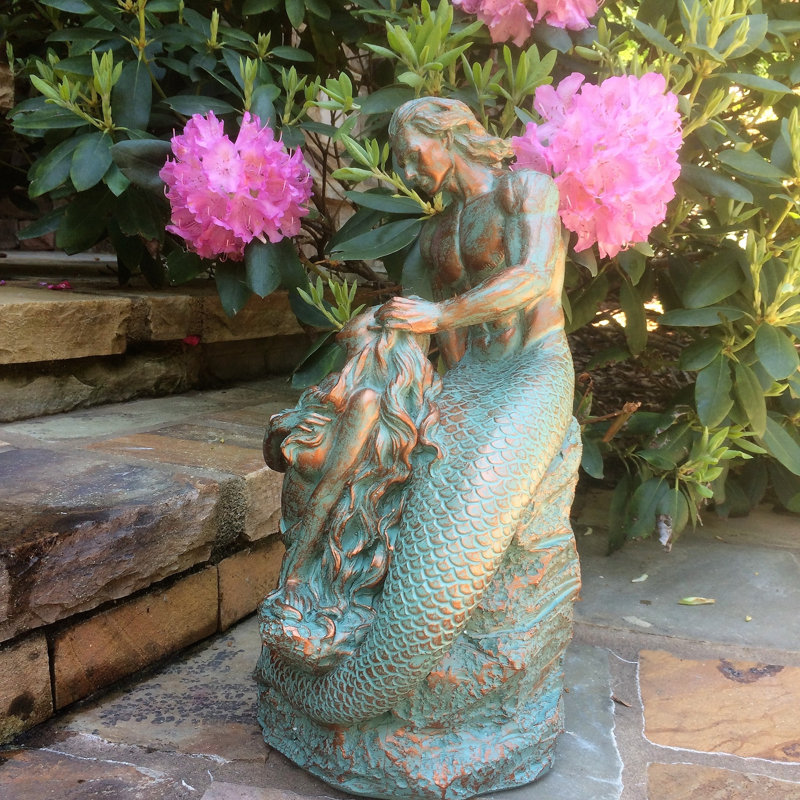 Statue de vie et de sirène sur la plage, Bronze patiné