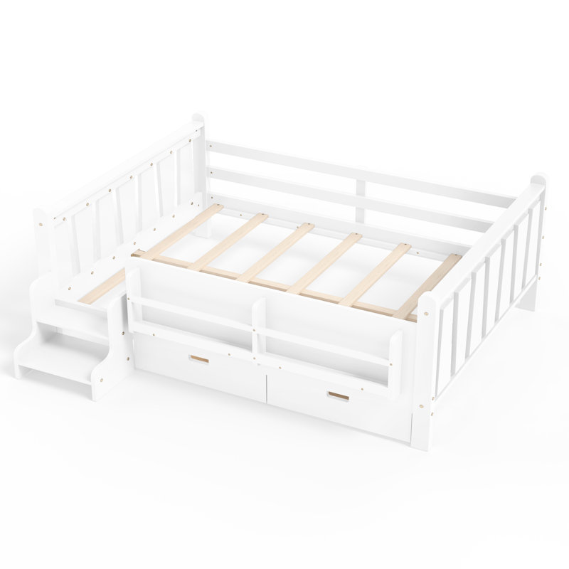 Lit double pleine grandeur pour enfant avec bibliothèque de rangement, tiroirs, escaliers et garde-corps, lit plateforme en bois massif, sans sommier, blanc