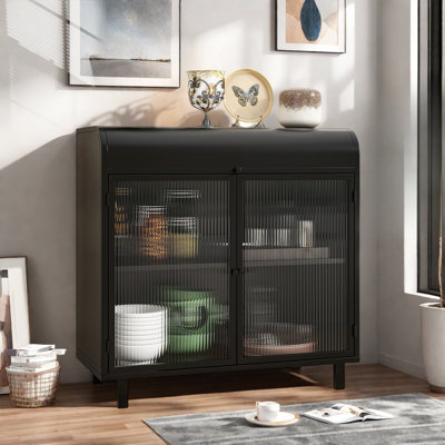 Buffet moderne avec portes en verre trempé figuré, dessus rabattable, tablettes intérieures et structure en métal 