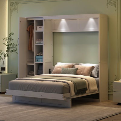 Full Size Murphy Bed Wall Bed With Shelves, Wardrobe And LED Lights,White