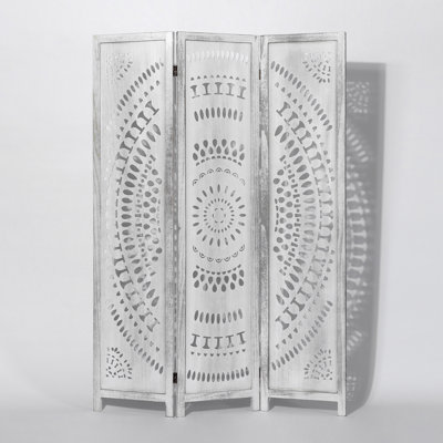 67”H Solid Wood - Panel Folding Carved Room Divider With Floral Design - Natural & Distressed Finish by Dakota Fields