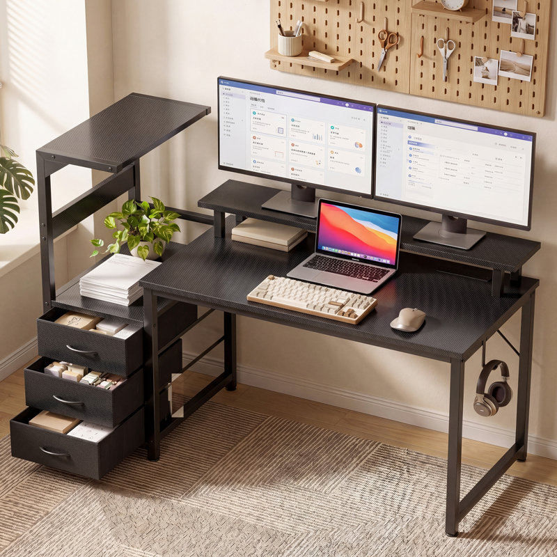 Bureau fixe 59 pouces, tablette de rangement latérale à 3 tiroirs avec éclairage DEL et multiprise, 45.3" H x 59" W x 50.5" D