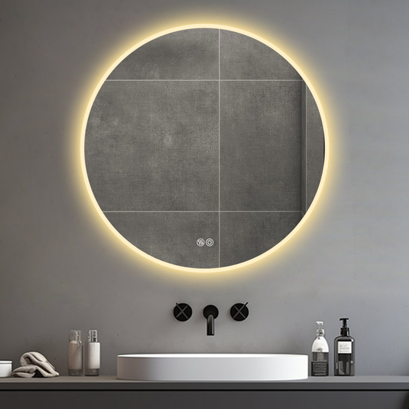 Miroir rond de salle de bain 32 po à DEL avec meuble-lavabo mural, anti-buée, 3 lumières réglables et à intensité variable, miroir de maquillage pour la chambre à coucher et la salle de bain, miroir intelligent, miroir