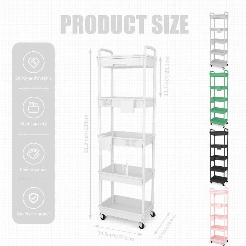 5 Tier Rolling Utility Cart with Drawer,With Drawer & Extended Poles,With Plastic Shelf & Lockable Wheels,Smooth Mobility