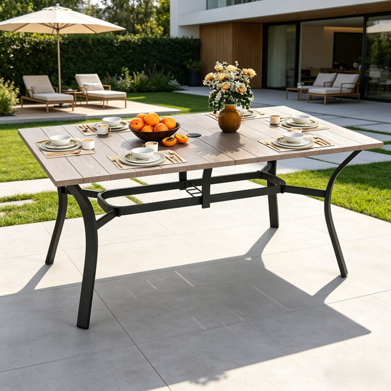 Table de patio en métal rétro avec grain de bois 37,8 po avec trou pour parasol, Naturel