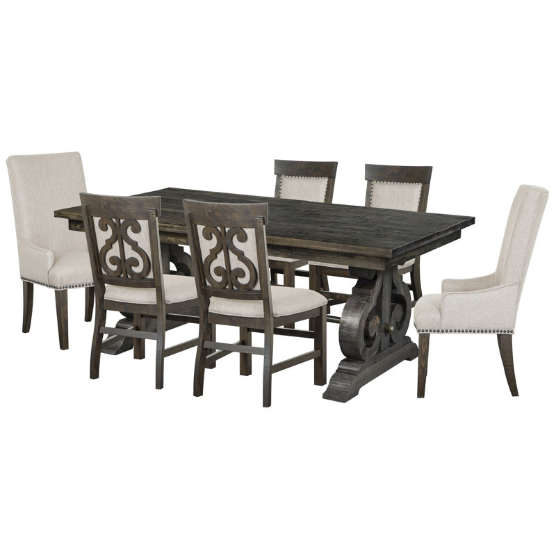 Extendable Rectangular Dining Table With 4 Upholstered Side Chairs And 2 Host Chairs, 7 Pieces: Table, 6 Chairs
