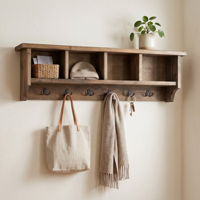 Solid Wood 48” Wall-Mounted Coat Rack with Hooks & Storage