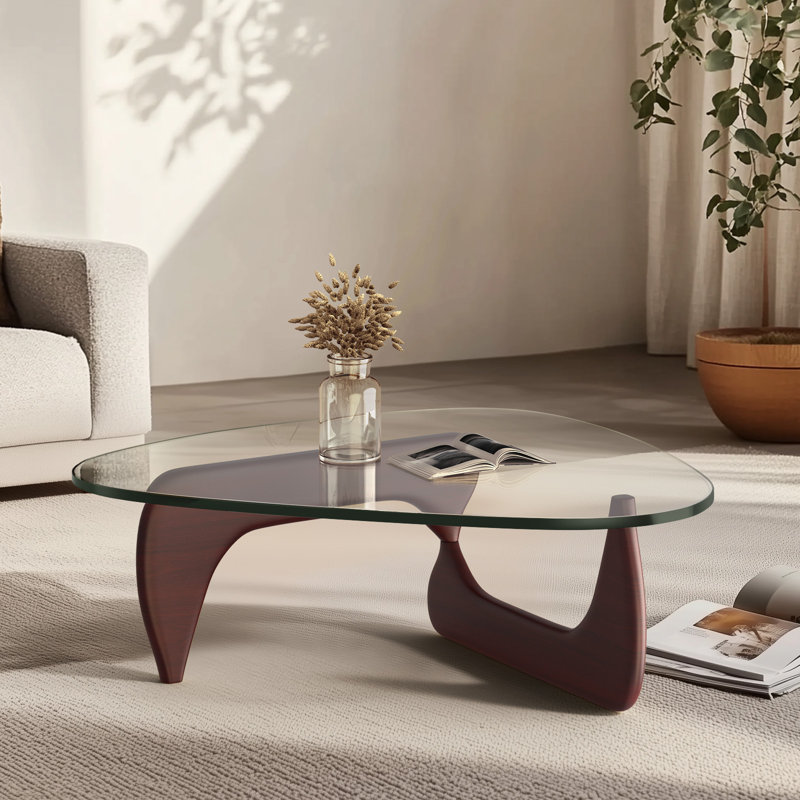 15Mm (0.59") Extra-Thick Glass Triangle Coffee Table With Solid Wood Base, Mid-Century Modern Style, Gray