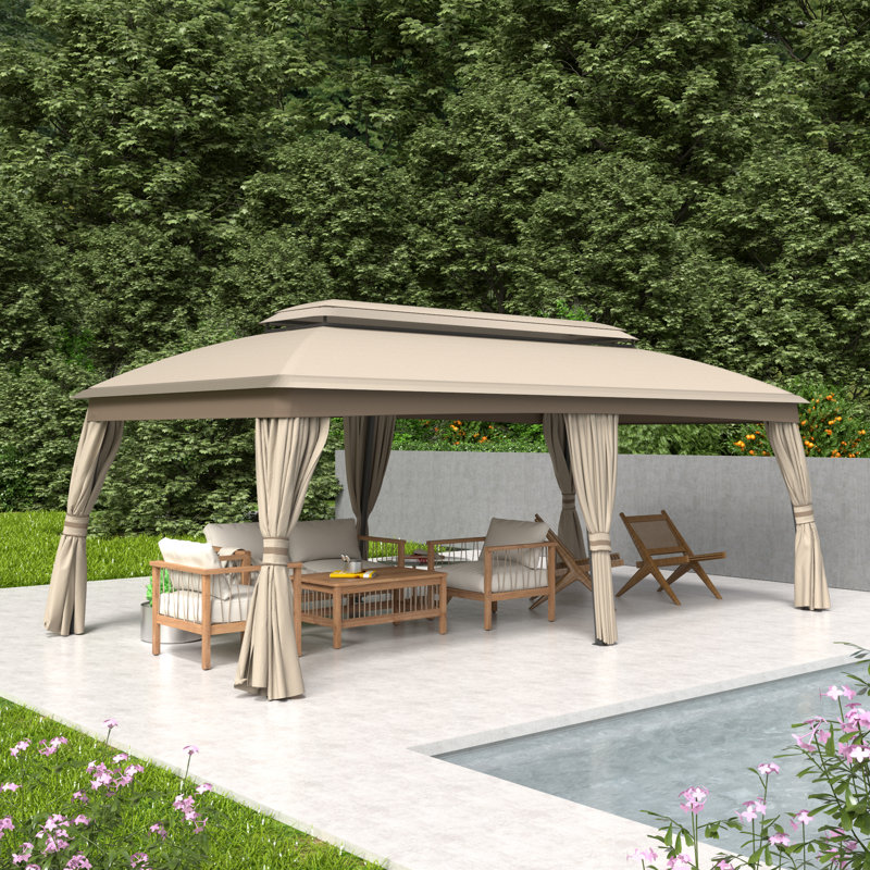Beige Metal Patio Gazebo with Double-Tier Roof and Curtains