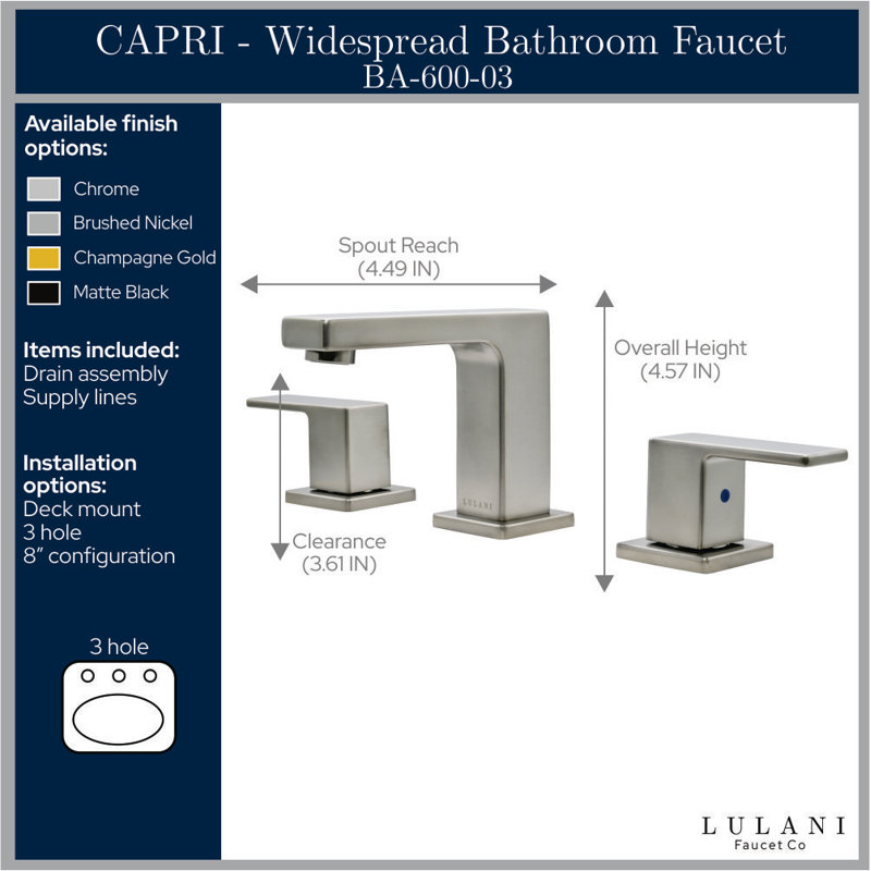 Lulani Widespread Bathroom Faucet with Drain Assembly, Chrome