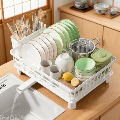 Stainless Steel Dish Drying Rack With Drainboard, Space Saving Countertop Dish Rack With Smart Drainage System And Cutlery Holder