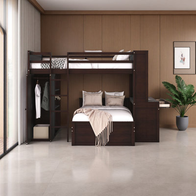 Lit mezzanine double avec lit simple autoportant, tablettes, bureau et garde-robe