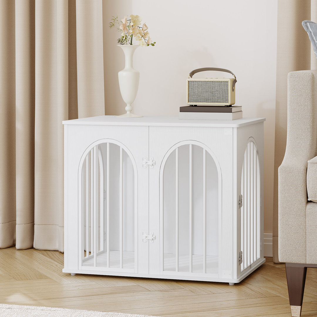 Dog Crate Furniture, 68 cm Wooden Dog Crate, Indoor Kennel for Small Dogs, End Side Table Animal Crates, Anti-Chew, Anti-Escape, Arched Door Design
