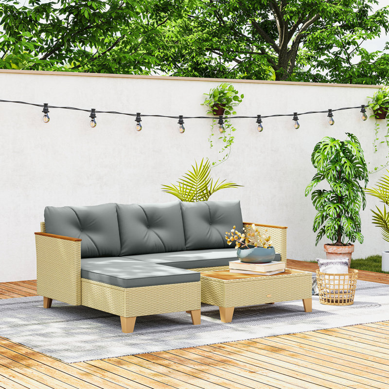Ensemble de meubles de patio 3 pièces, canapé d'extérieur en forme de L, gris clair