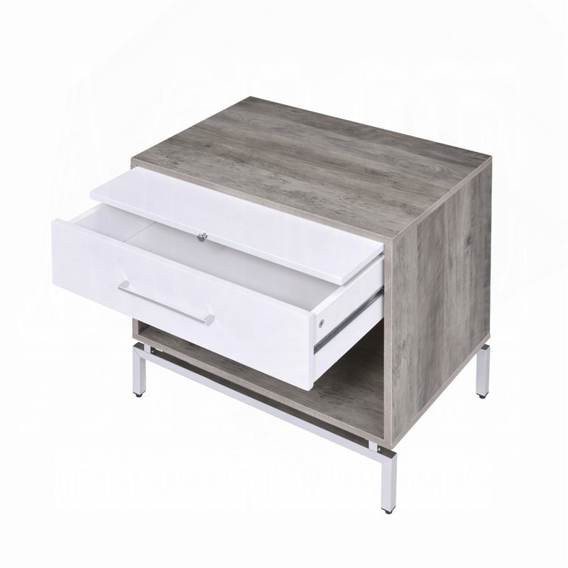 Table de chevet 1 tiroir avec tablette ouverte, chêne gris vieilli et blanc