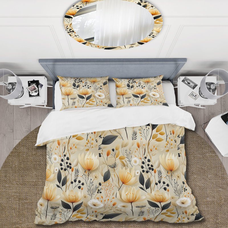 Ensemble de housse de couette Neutrals Beige Flowers Boho, Housse de couette simple + 1 taie décorative stan