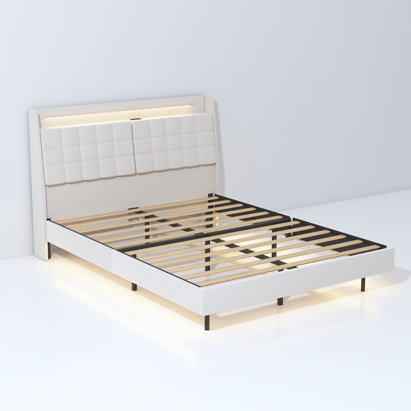 Cadre de lit flottant avec lumière DEL et base de lit tapissier avec tête de lit et espace de rangement caché, aucun sommier nécessaire