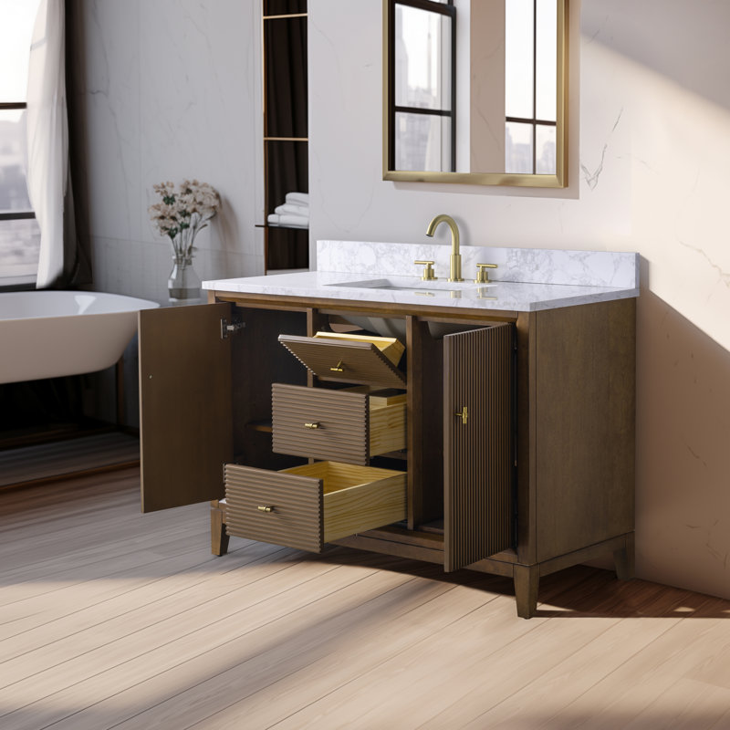 Ensemble de meuble-lavabo autoportant 48 po avec plateau en marbre Caldwell, Noyer, Doré brossé, Blanc Arabescato