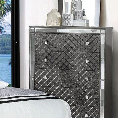 1 pièce Glam 5 tiroirs de rangement de style contemporain avec placage de miroir et pieds fuselés avec finition grise et meubles en bois massif pour chambre à coucher