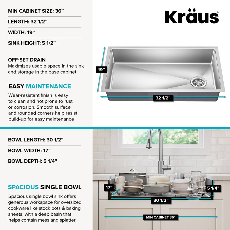 KRAUS Fairlane 33” ADA Compliant Undermount Single Bowl 18-Gauge Stainless Steel Kitchen Sink, Undermount
