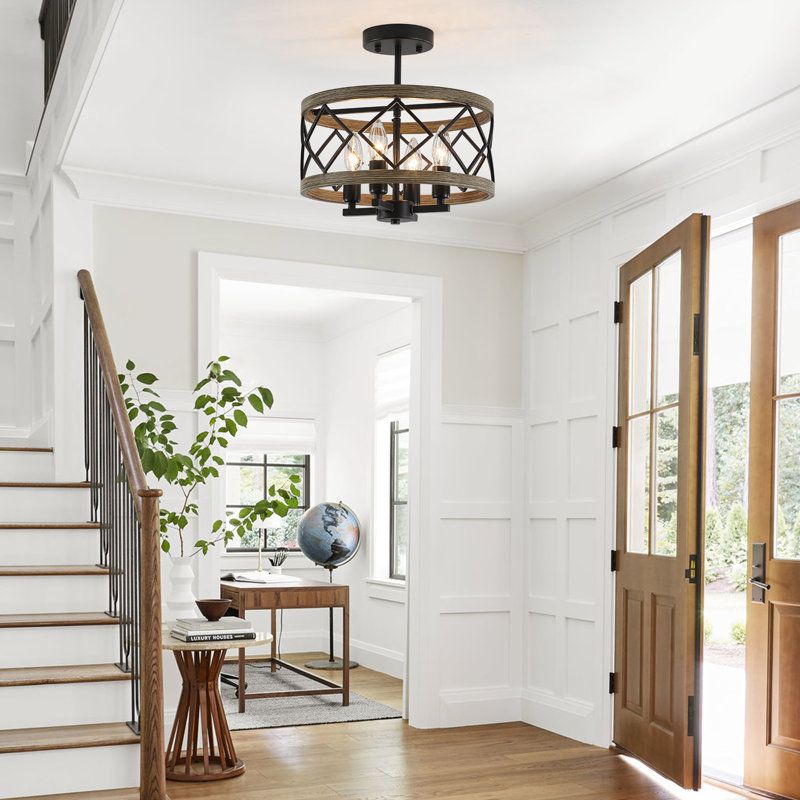 4-Light 12.6"W Dimmable Farmhouse Drum Semi Flush Mount Modern Industrial Round Ceiling Light Fixture for Kitchen Island Living Room Dining Room