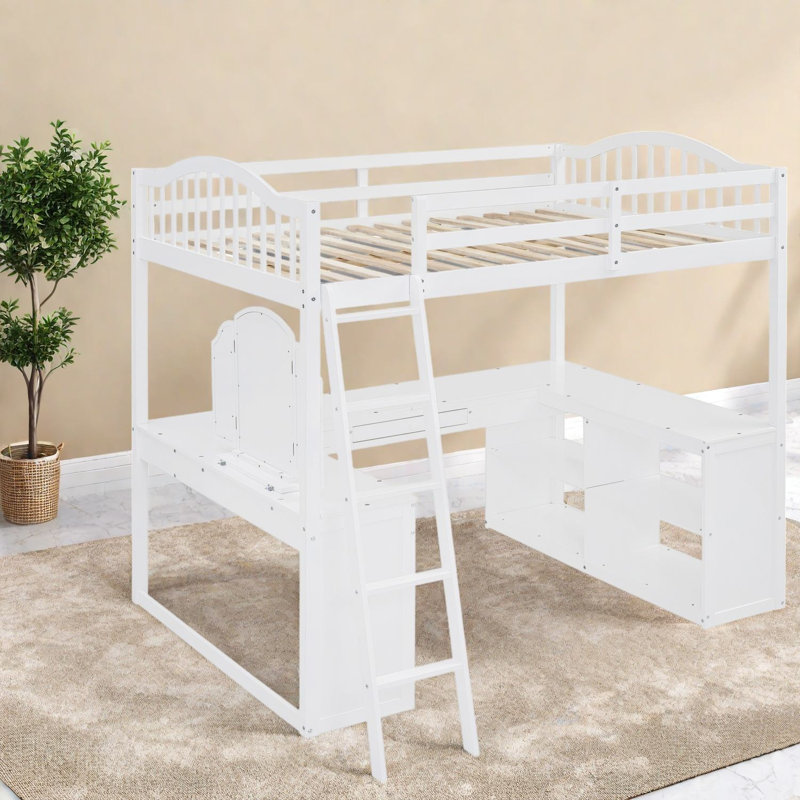 Lit mezzanine double avec bureau de rangement, chambre à coucher moderne en bois aggloméré blanc