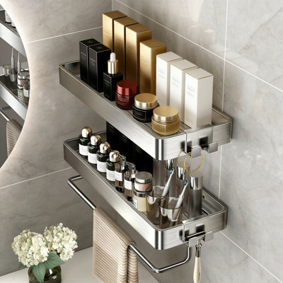 Stainless Steel Wall Mounted 2-Tier Bathroom Shelf With Removable Hooks