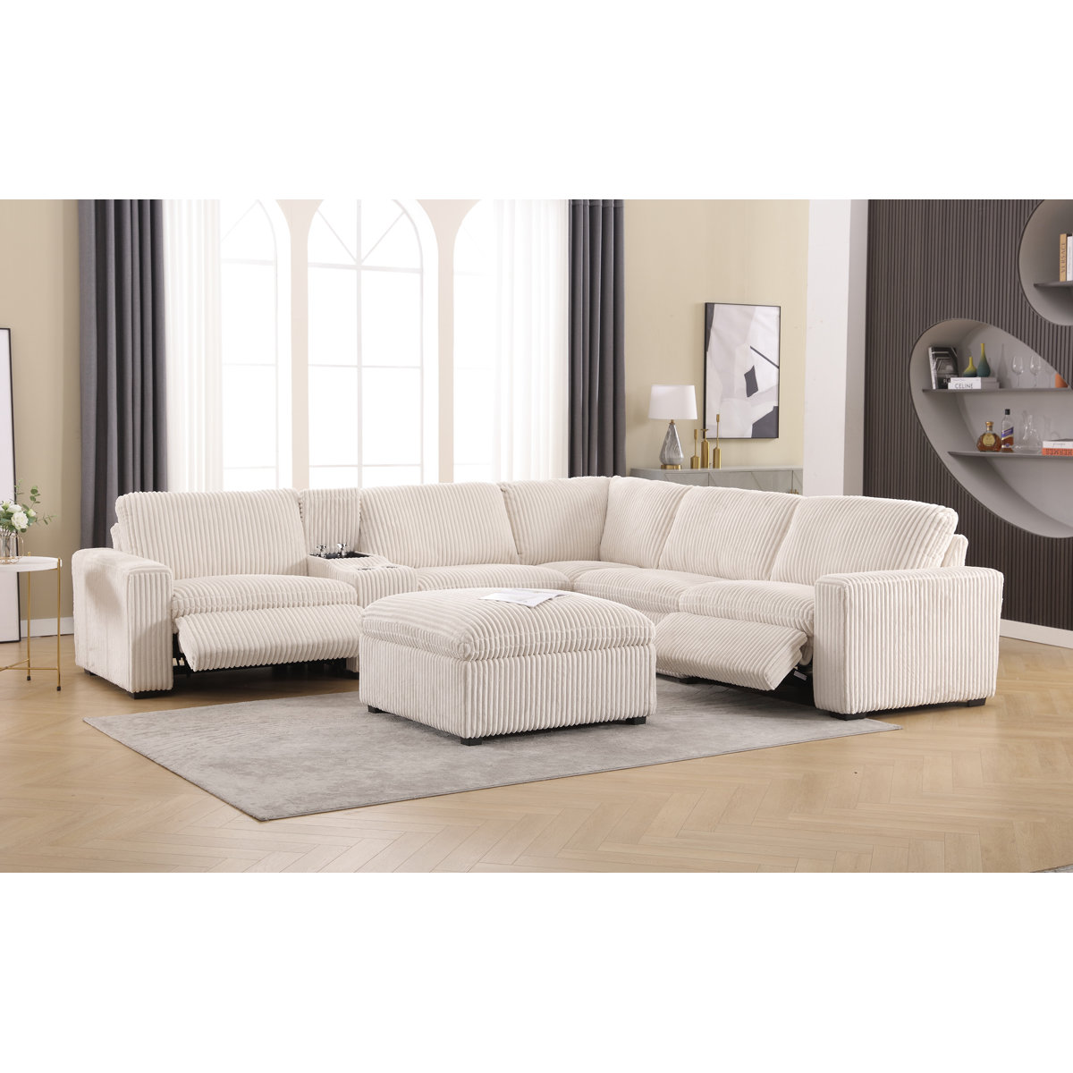 Annistyn 7 Piece 131.9'' L-Shaped Corduroy Power Reclining Sectional With Wireless Charging Storage